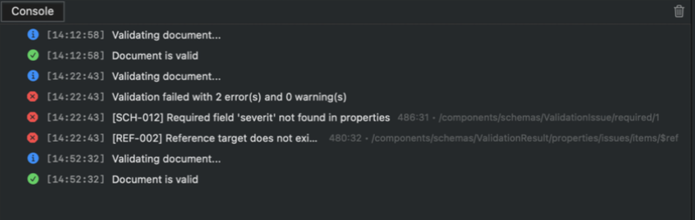 Console panel with color-coded log entries